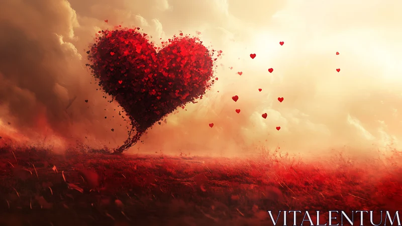 Particles of passion form colossal heart tornado against golden sky.