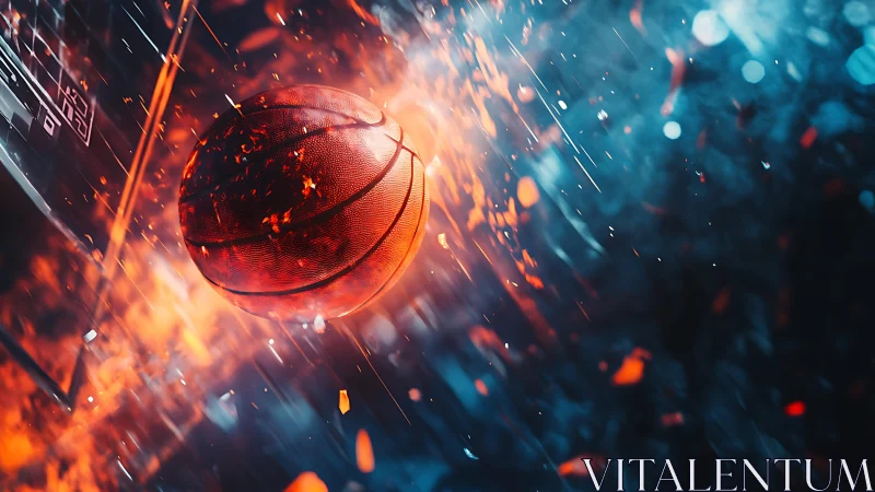 Basketball in motion with fiery light trails and sparks.