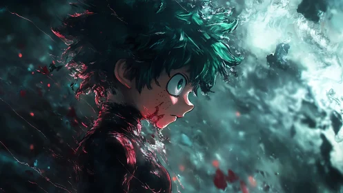 Stormlit hero stares into chaos as embers orbit his resolve