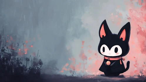 Cute black cat character in soft pastel fantasy scene.