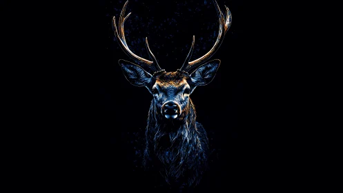Midnight stag carves neon constellations from silent dark