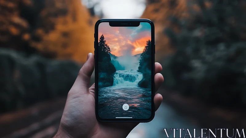 Handheld smartphone framing waterfall with sunset sky scene.