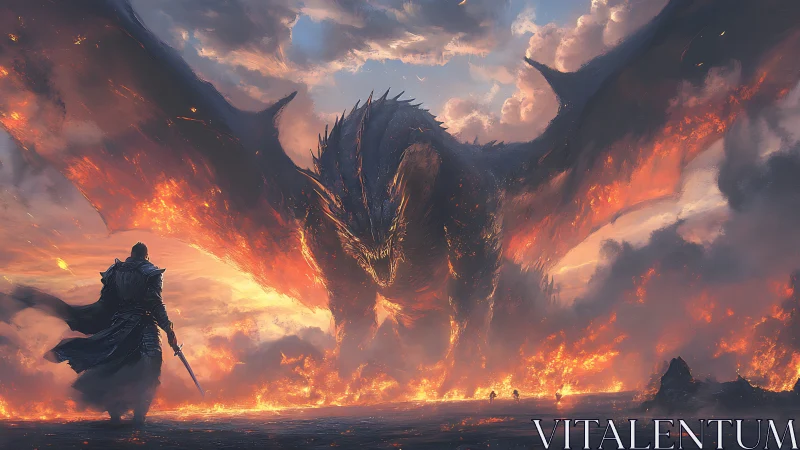 Armored warrior confronts massive fire-breathing dragon directly