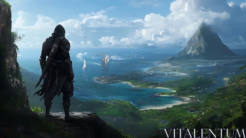 Vigilant Explorer Overlooking Archipelago Landscape.