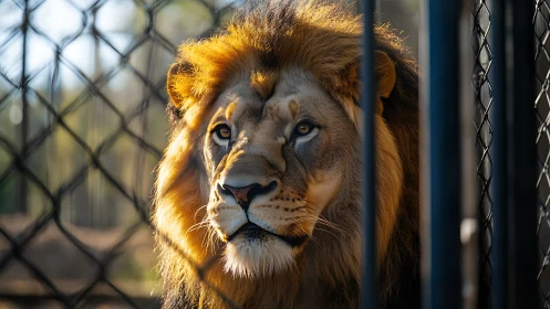 Captive male lion behind metal enclosure bars at zoo.