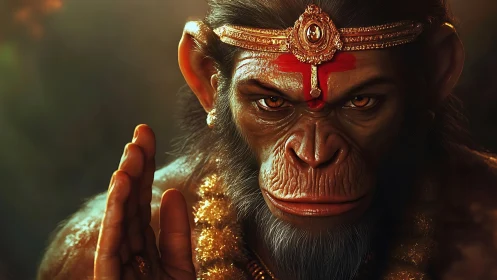 Divine simian portrait renders ornate jeweled crown in detail
