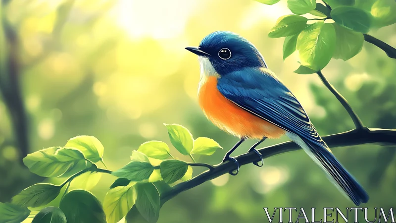 Vibrant blue and orange bird on branch, digital art scene.