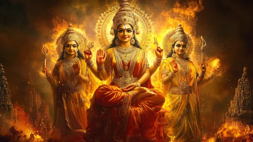 Triptych of radiant Hindu goddesses rendered in fiery digital realism