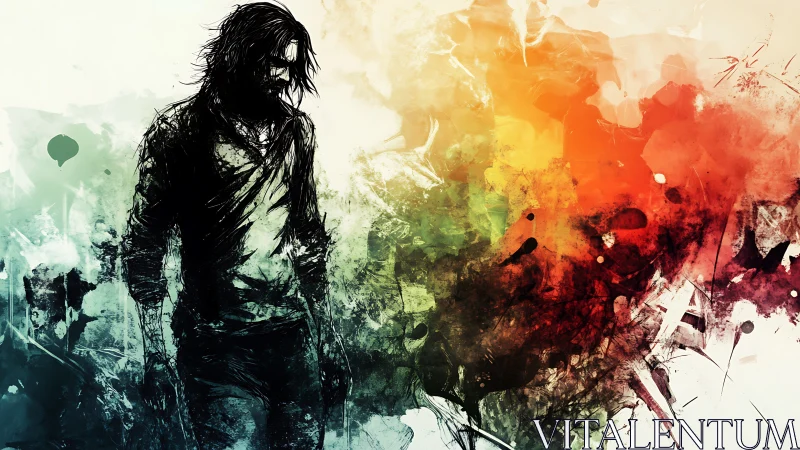 Silhouetted figure amid chaotic abstract color field.