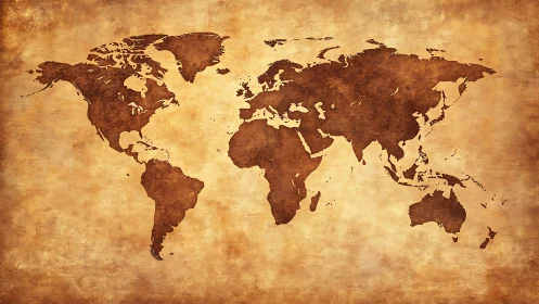 World map silhouette on textured sepia parchment background.