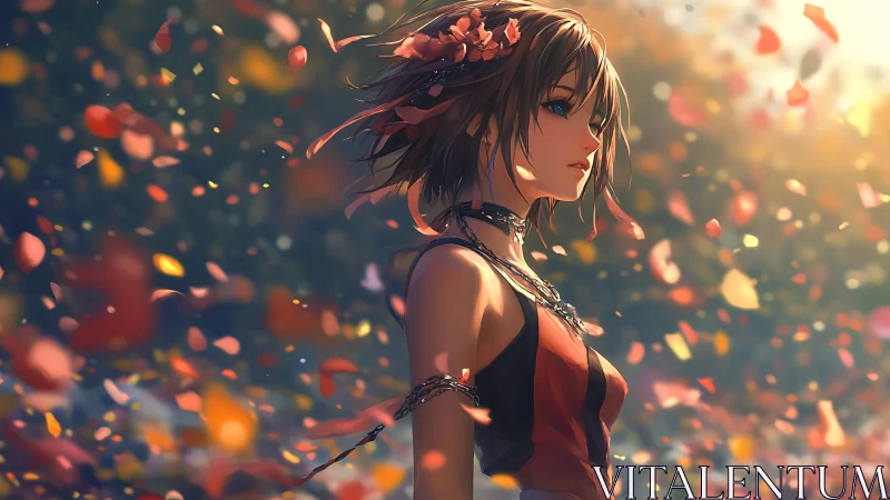 Melancholic anime heroine stands amid drifting petal bokeh