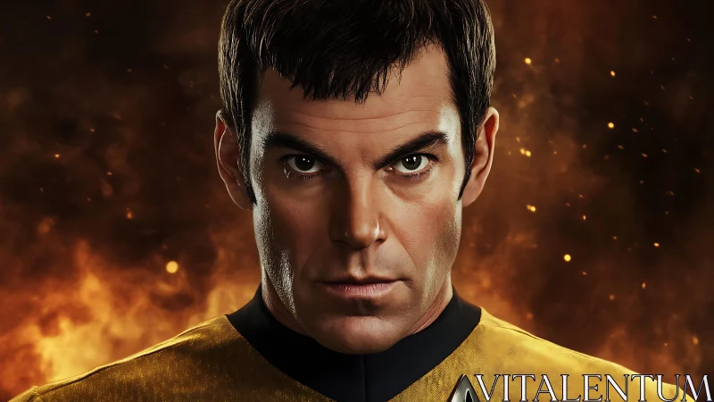 Sci fi officer portrait with intense fiery background.