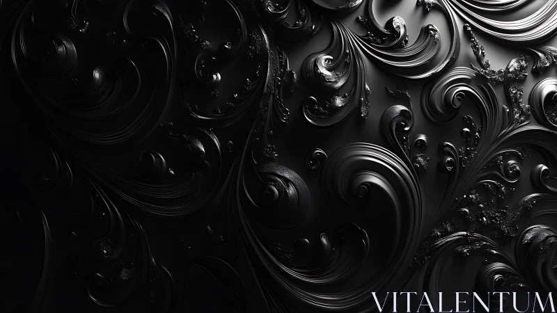 High-gloss black baroque scrollwork with fluid metallic depth