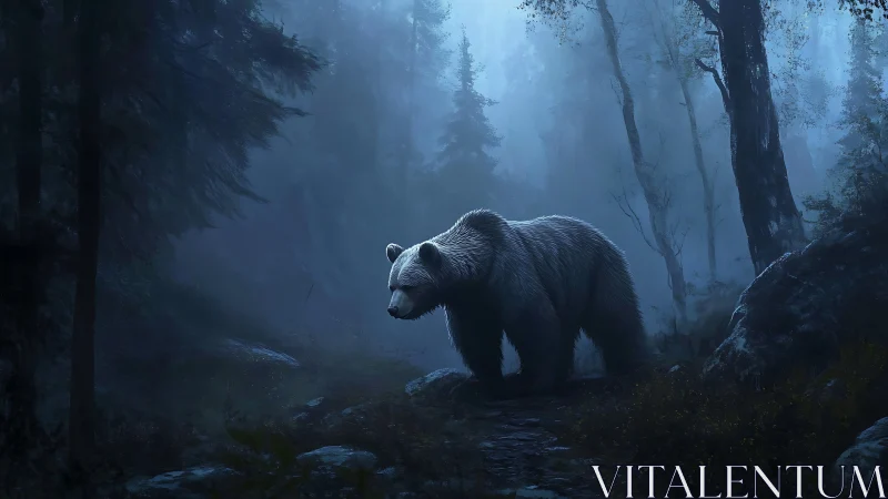 Luminous fog forest traversal by solitary bear subject.
