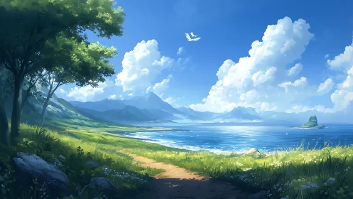 Coastal Mountain Valley with Turquoise Waters and Cumulus Sky.