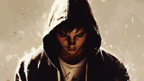 Hooded loner bends light and shadow in quiet rebellion.
