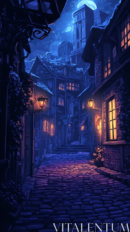Quiet medieval alley under moonlit sky with warm lanterns.