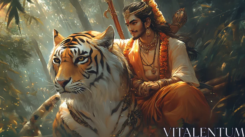 Forest prince astride a regal tiger in sunlit devotion.