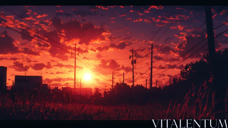 Burning violet sky over quiet power lines at duskfall.