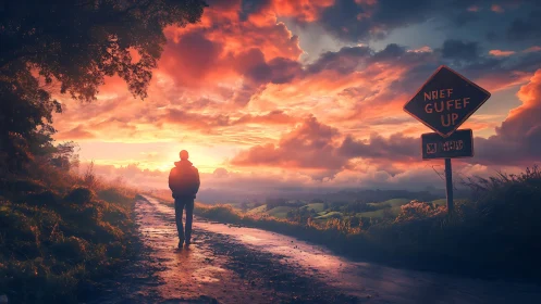 Solitary figure on rural path under hyper-saturated sunset sky