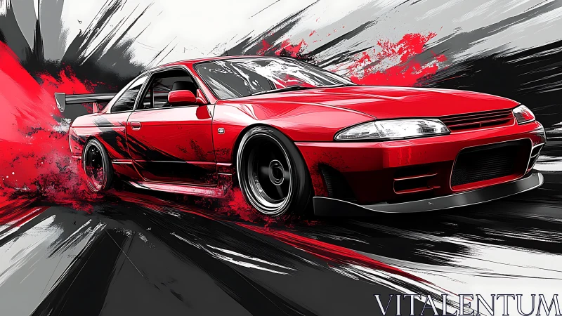 Red sports coupe drifting with abstract red and black streaks.