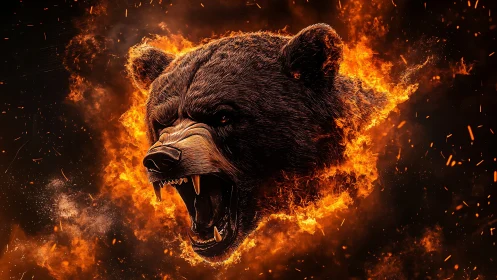 Roaring bear head erupts through swirling ring of fire