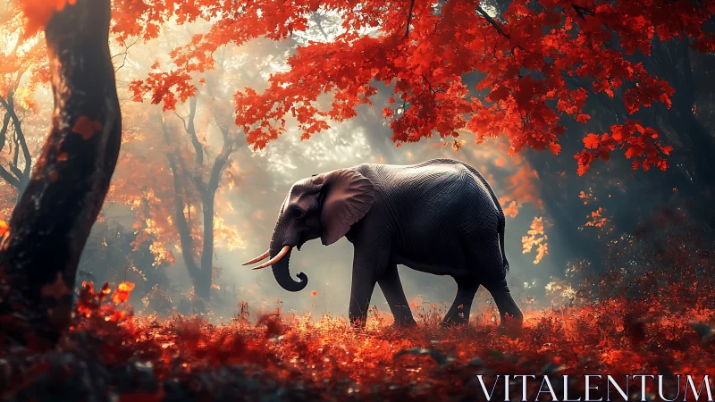 Elephant walking through red autumn forest at sunrise.