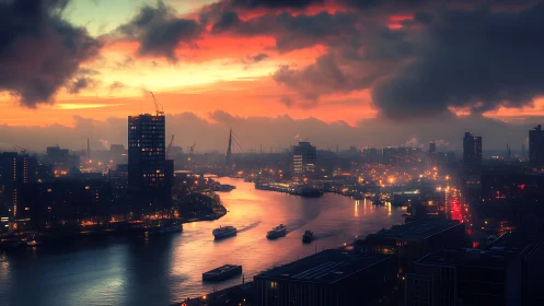 Riverfront city skyline glows under dramatic orange dusk