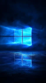Glowing blue window logo over reflective dark surface.