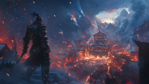 Armored warrior observing burning fortress in mountain valley.