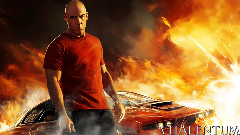 Digital painting of driver hero with muscle car amid explosions.