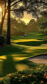 Golden sunrise bathes a tranquil tree-lined golf fairway.