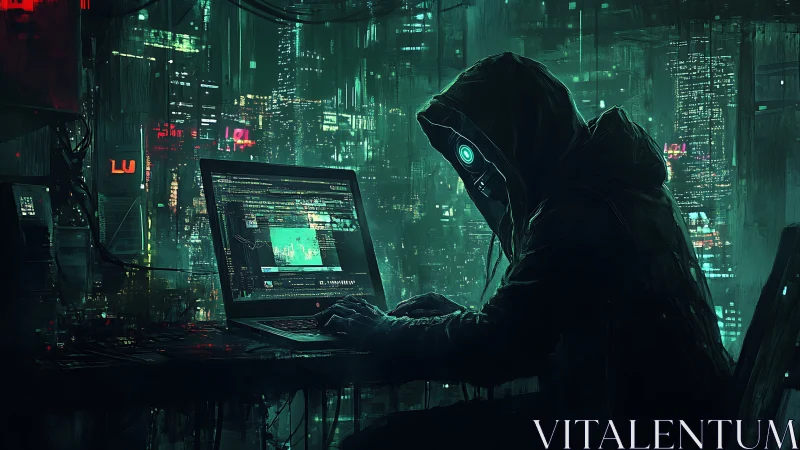 Cybernetic infiltrator at console in neon-dense megacity dusk.