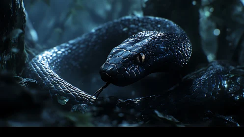 Coiled black snake in dark forest with focused golden eye.