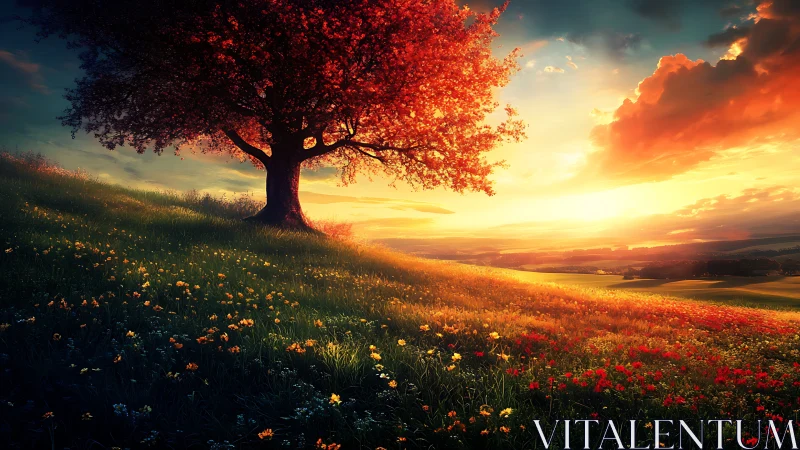 Lone red tree on glowing hillside at vivid sunset sky.