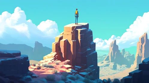 Lone hiker surveys sunlit desert mesa under bright sky