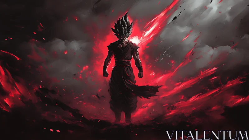 Silhouetted warrior stands amid red energy bursts and smoke