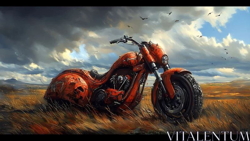 Stormlit orange motorcycle waits in a wild open field