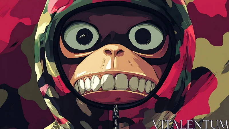 Camouflaged simian hoodie portrait with exaggerated ocular geometry.