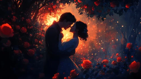 Two Hearts Burning Bright Amid Glowing Roses.