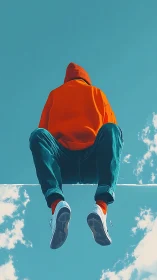 Person in orange hoodie sitting above bright blue sky.