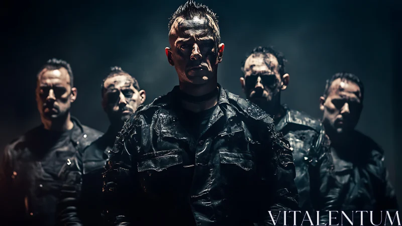 Militaristic squad emerges through dark cinematic fog.