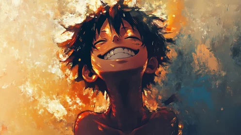 Smiling anime boy glows against fiery abstract background