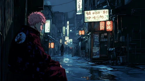 Neon‑lit alley broods under rain with lone anime figure.