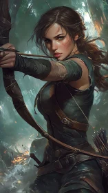 Female archer drawing bow in dense forest battle setting.