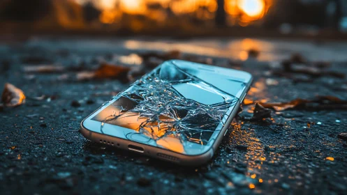 Shattered phone on wet street catching sunset sparks of light.