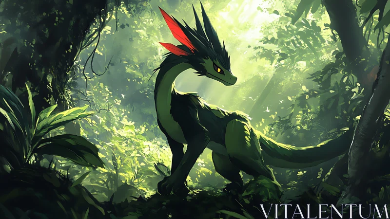 Emerald jungle dragonling pausing in sun-dappled silence.
