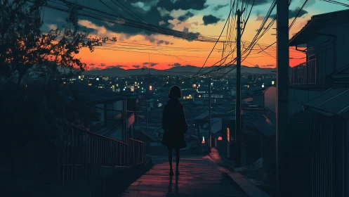 Solitary figure descending into neon-lit twilight cityscape.