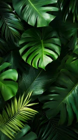 High-contrast monstera and palm leaf canopy with glossy textures