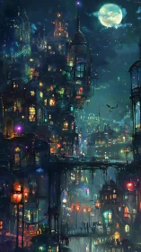 Moonlit vertigo city where lanterns outnumber the stars.